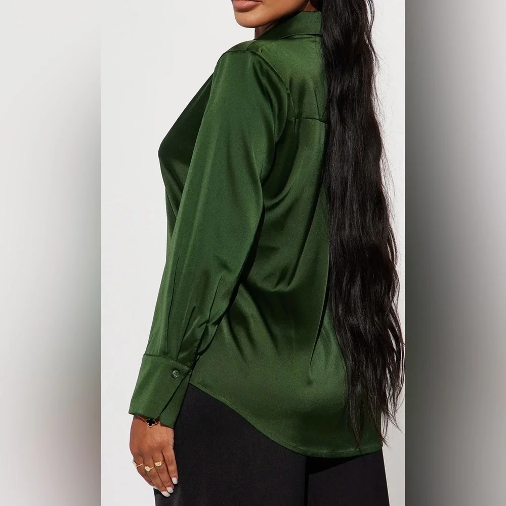 Fashion Nova Deep Green Satin Button Down Shirt - Picture 3 of 3